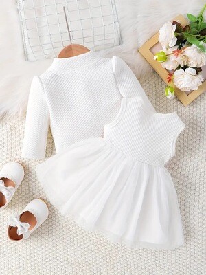 Charming Cotton Baby Girl Dress & Mesh Skirt Set - Casual Long Sleeve Crew Neck Outfit with Easy-Care Fabric, Spring/Fall