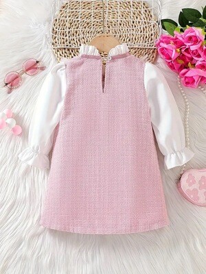 Classic Midi Preppy Toddler Dress - Long Sleeve, Stand Collar, 100% Polyester with Lace Bow Detail