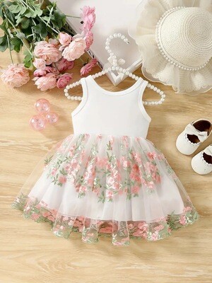 Baby Girls Round Neck Bow Sleeveless Dress, Floral Embroidery Double Layer Mesh Dress For Summer New