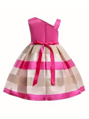 Kids' Chic One-Shoulder Striped Party Dress with Bow Detail - Perfect for All-Season Weddings and Celebrations