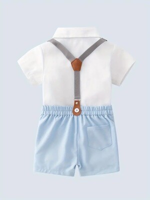 Chic Summer Baby Boy Gentleman Set: Comfortable Lapel Shirt with Bow, Solid Color Suspender Shorts - Durable & Easy Care