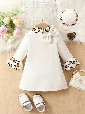 Autumn And Winter Baby Girls Elegant Preppy Style Vintage Plush Leopard Large Bow Turtleneck Long Sleeve Baby Dress With Hat Set