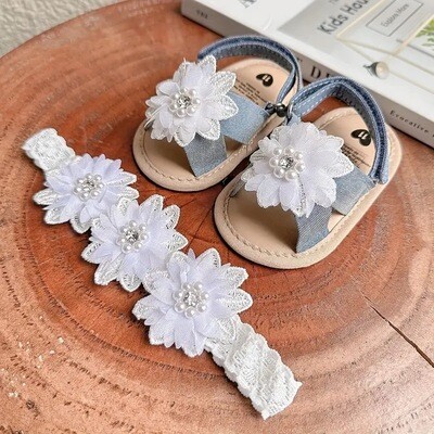 2pcs Baby Girls Flat Shoes With Flower Decor Princess Crib Shoes First Walker Shoes & Headband For Newborn Infant
