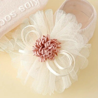 1pair Baby Girls Cute Lace Mesh Floral Boat Socks & 1pc Mesh Floral Headband Set For Newborn Infant