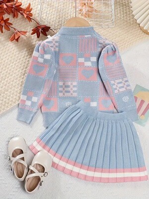 Girl's Heart Pattern Knit Sweater & Pleated Skirt Set - Cozy, Chic, and Casual Outfit for Fall to Spring