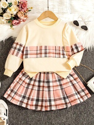 2PCS Plaid Contrast Colors Round Neck Sweatshirt & Plaid Skirt Set, Comfy Outfits For Girls Sports Autumn Clothes