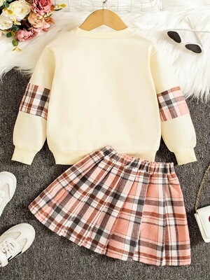 2PCS Plaid Contrast Colors Round Neck Sweatshirt & Plaid Skirt Set, Comfy Outfits For Girls Sports Autumn Clothes