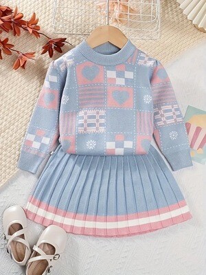 Girl&#39;s Heart Pattern Knit Sweater &amp; Pleated Skirt Set - Cozy, Chic, and Casual Outfit for Fall to Spring