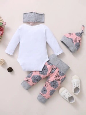Adorable Baby Girl's Floral & Lettered Outfit Set – Comfy Knit Romper, Pants & Headband for Spring/Fall