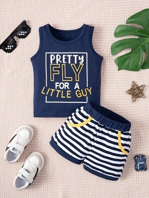2pcs Toddler's "Pretty Fly For A Little Guy" Print Summer Set, T-shirt & Casual Striped Shorts, Baby Boy's Clothes