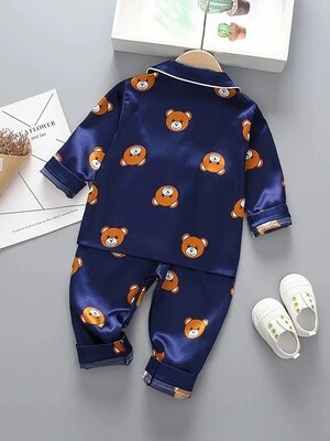 2pcs Boys Lounge Wear Button Down Long Sleeve Top & Elastic Waist Long Pants Bear Print Pajamas Comfy Casual Set Kids Clothes