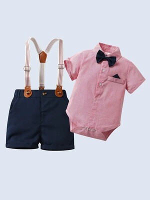 Baby Boy's Color Clash Gentleman Outfit, Bowtie Short Sleeve Bodysuit & Suspender Shorts Set, Formal Wear For Photography Birthday Party, Baby's Clothes
