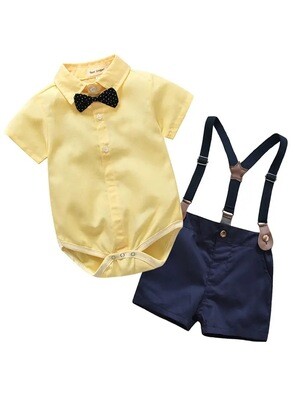 Baby Boy's Color Clash Gentleman Outfit, Bowtie Short Sleeve Bodysuit & Suspender Shorts Set, Formal Wear For Photography Birthday Party, Baby's Clothes