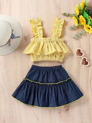 2pcs Baby Girls Plaid Ruffled Cami Top & Skirt, Baby Trendy Summer Clothes Sets
