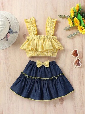 2pcs Baby Girls Plaid Ruffled Cami Top & Skirt, Baby Trendy Summer Clothes Sets