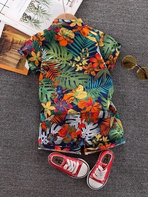Boys Leaf And Flower Print Casual Outfit Short Sleeves Stand Collar Shirt & Shorts Kids Summer Clothes Sets