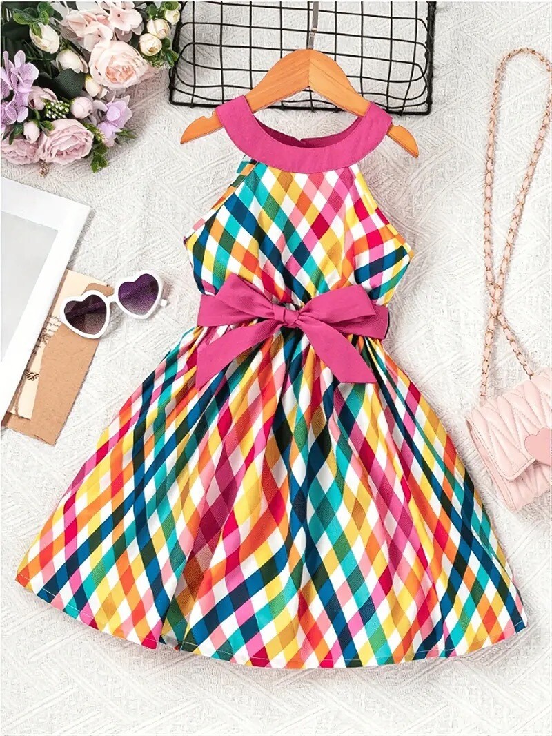 Charming Girls' Sleeveless Halter Dress - Plaid Pattern with Cute Bowknot & Belt Waist - Perfect for Casual Summer Days