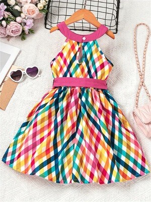 Charming Girls' Sleeveless Halter Dress - Plaid Pattern with Cute Bowknot & Belt Waist - Perfect for Casual Summer Days