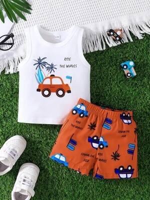 Exciting Summer Adventure: Soft & Stretchy 2-Piece Boys' Set with Car Print Shorts & Comfy Tank Top, Easy to Maintain