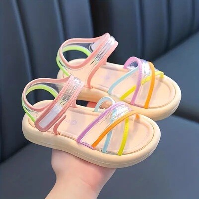 Girls Baby Colorful Strap Open Toe Sandals, Lightweight Soft Sandals For Outdoor Beach