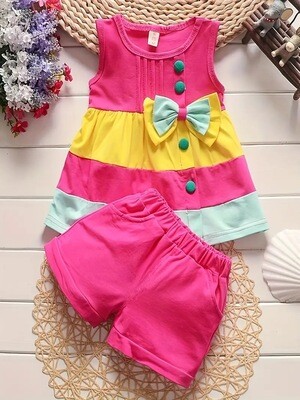 Chic Summer Toddler Outfit: Comfy Cotton Color Block Set with Bow Detail & Pocket Shorts - Perfect for Fun & Play