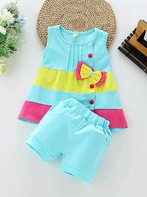 Chic Summer Toddler Outfit: Comfy Cotton Color Block Set with Bow Detail & Pocket Shorts - Perfect for Fun & Play