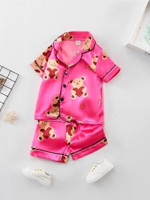 Girls 2-Piece Sleepwear Set - Charming Cartoon Bear Print, Cozy Lapel Top with Chest Pocket, Snug Matching Shorts - Perfect for Casual & Slumber Parties