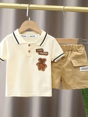 Adorable Little Boys' Summer Outfit Set - Playful Bear Embroidered Shirt & Comfortable Shorts - Ideal for Daily Wear