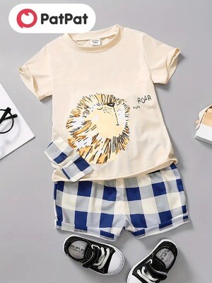 2pcs Boys Casual Cartoon Lion Graphic Print Short Sleeve T-shirt & Shorts Set, Comfy Summer Kids Clothes