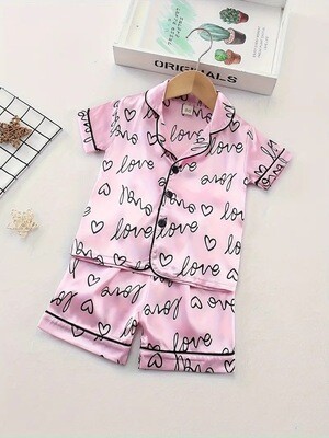 Girls 2-piece Pajama Sets Allover Letter Pattern Lapel Front Buckle Short Sleeve Top & Matching Short Pants Casual PJ Sets