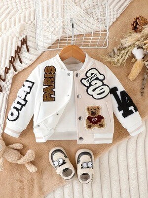 Baby&#39;s Color Clash Embroidered Varsity Jacket, Preppy Style Bomber Jacket, Baby Boy&#39;s Clothing
