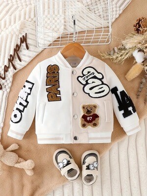 Baby's Color Clash Embroidered Varsity Jacket, Preppy Style Bomber Jacket, Baby Boy's Clothing