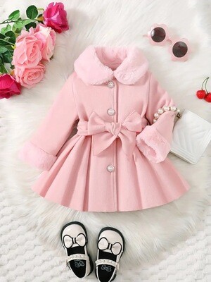 Elegant Winter Toddler Trench Coat with Furry Collar &amp; Bow Detail - Chic, Warm &amp; Durable for Daily Wear