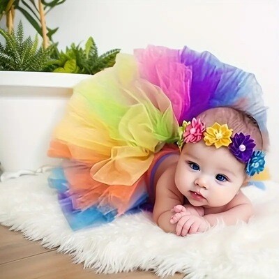 Rainbow Color Baby Skirt Tutu Skirt, Girl Dress, Newborn Newbaby Photography Props, Flower Beads Headband + Skirt Set