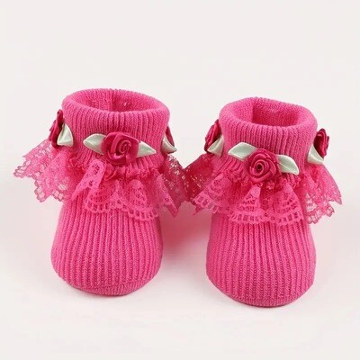 2pairs Baby Girls Cute Casual Flower Lace Brim Knit Socks, Elastic Comfortable Breathable Newborn Baby Socks