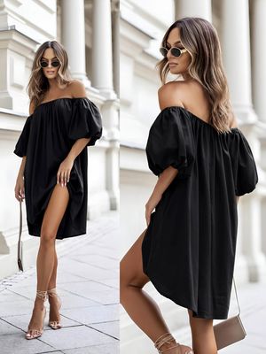 Vestido cuello barco, mangas abullonadas