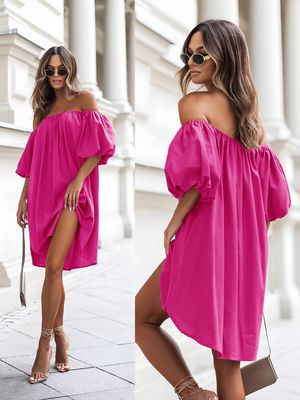 Vestido cuello barco, mangas abullonadas