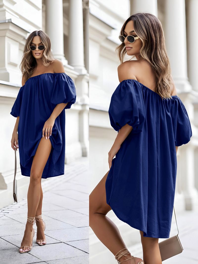 Vestido cuello barco, mangas abullonadas