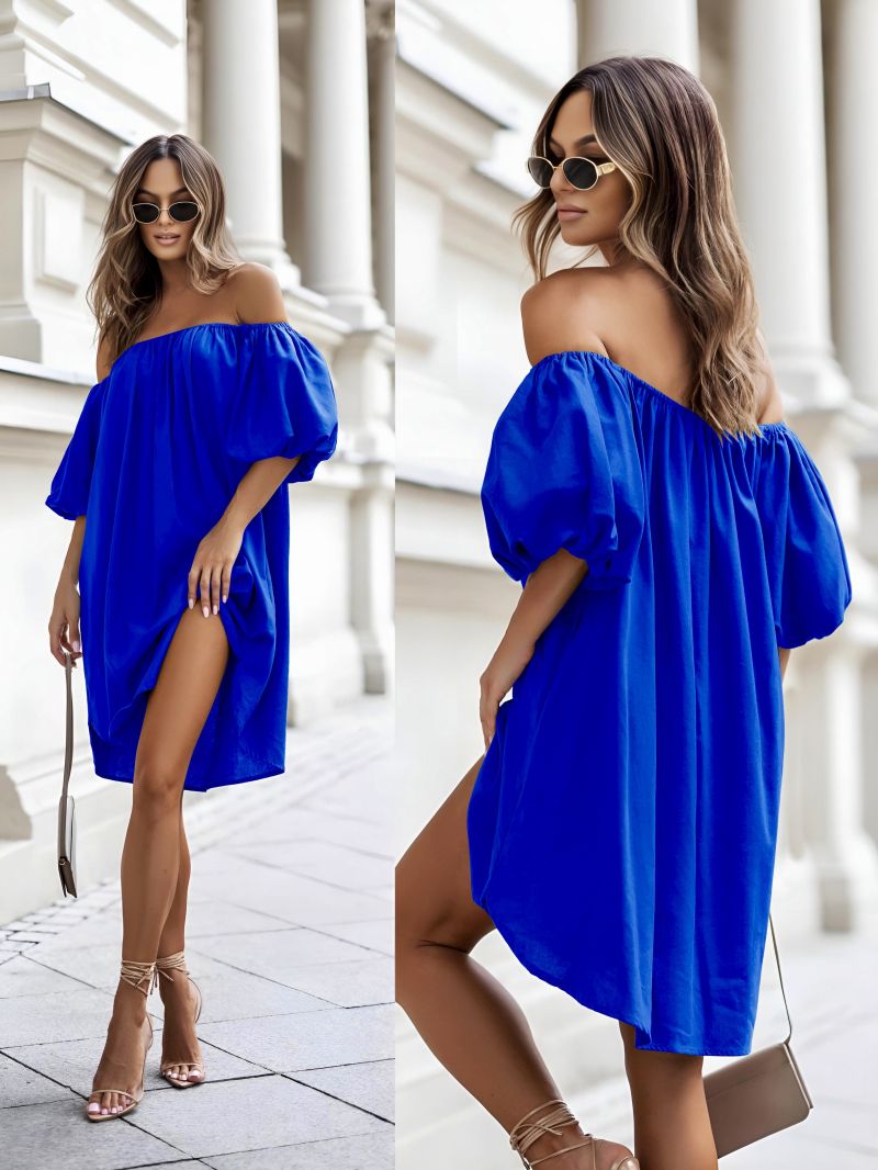 Vestido cuello barco, mangas abullonadas