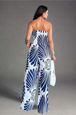 Jumpsuit con estampados de abanicos azul y blanco