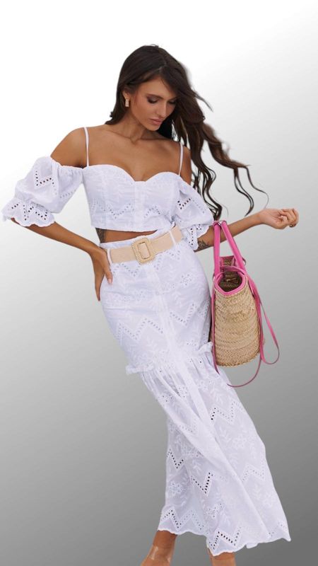 Set Bordado Blanco con Cinturón de Rafia y Zigzag