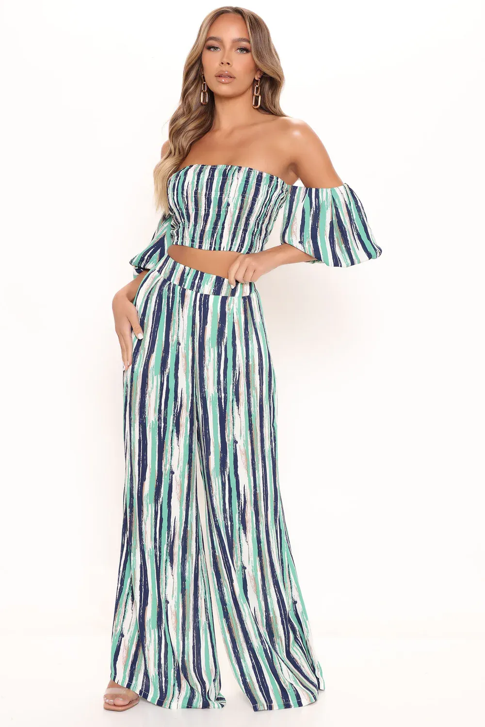 Conjunto de top y pantalón de rayas- green/combo