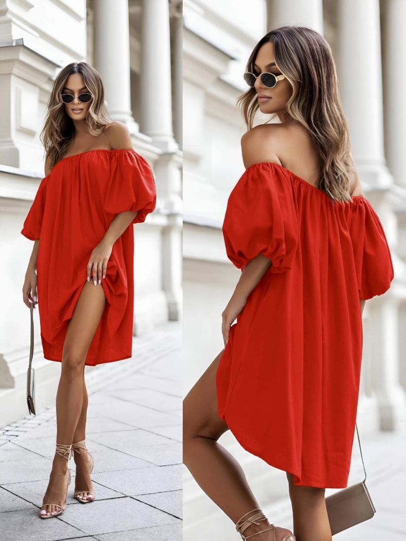 Vestido POPLINE COTTON, cuello barco, mangas abullonadas