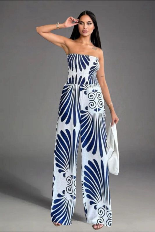 Jumpsuit con estampados de abanicos azul y blanco