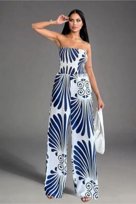 Jumpsuit con estampados de abanicos azul y blanco