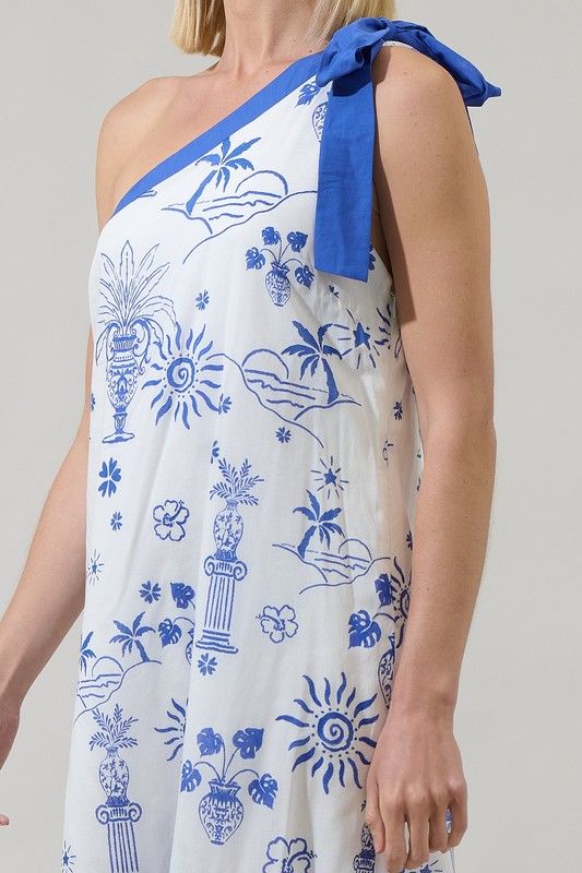 Vestido Mujer One Shoulder Azul Blanco Midi Elegante Verano Greece