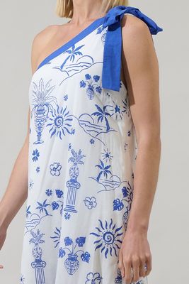Vestido Mujer One Shoulder Azul Blanco Midi Elegante Verano Greece