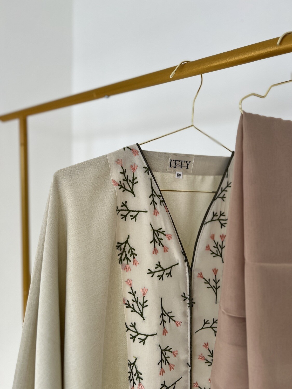 Floral Pattern Linen Abaya with Hijab