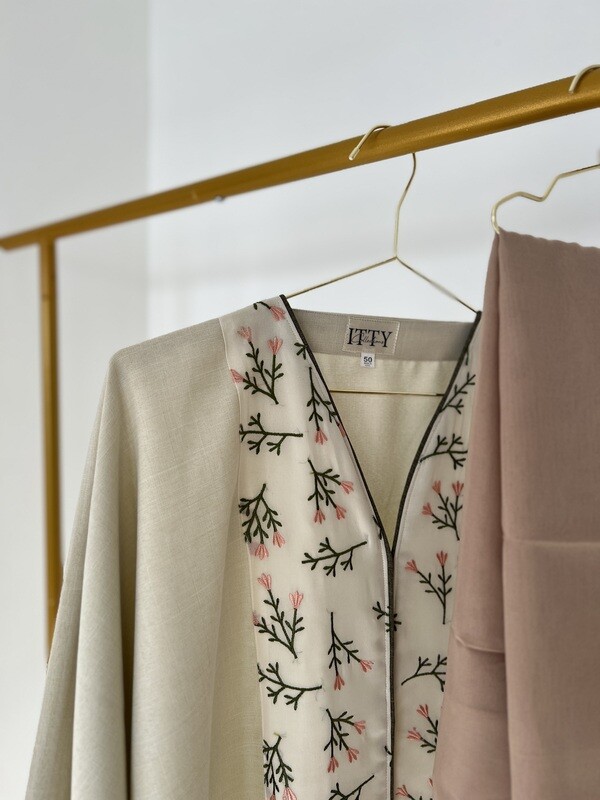 Floral Pattern Linen Abaya with Hijab