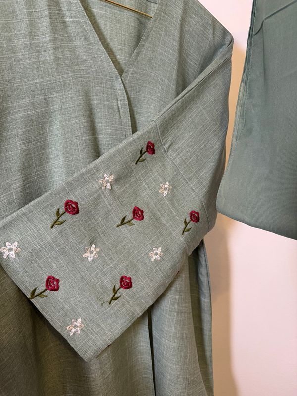 Green Linen Floral Abaya with Hijab